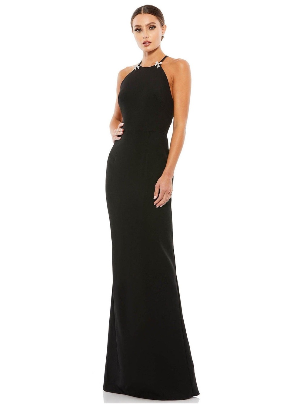 Mac Duggal Black Halter Maxi Gown with Crystal Accent